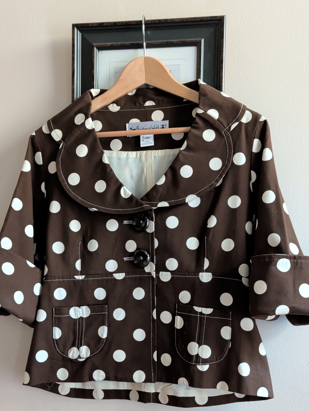 Beeboo & Wally NY Brown Polka Dot Crop Jacket with Contrast White Dots - Picture 1 of 9